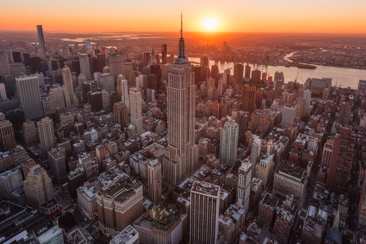 New York City Empire State building sunrise from helicopter