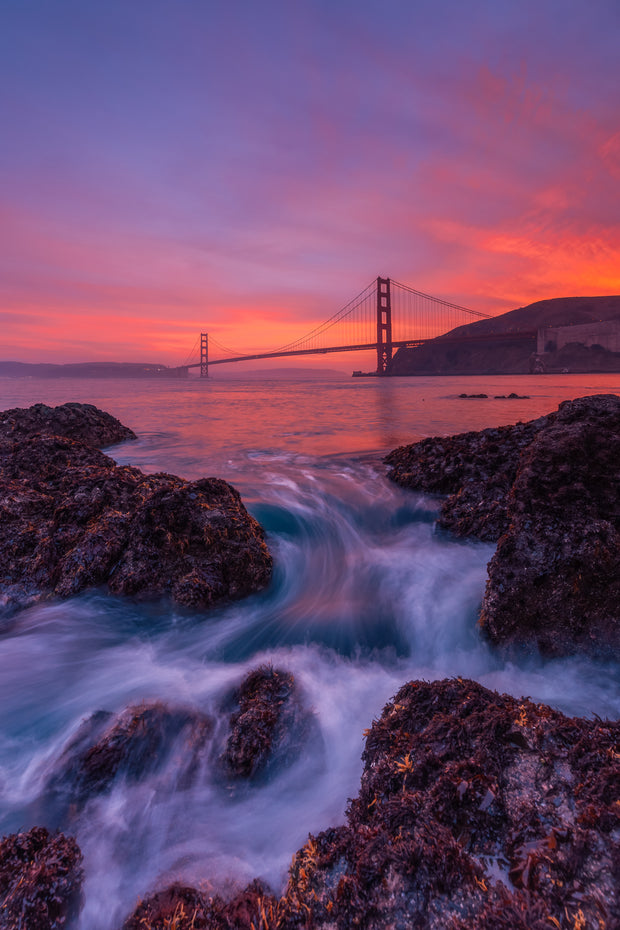 Gorgeous golden gate Sunset with epic water motion vertical