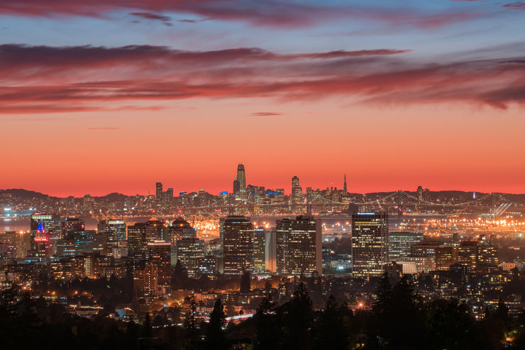 Oakland and San Francisco Skyline epic sunset 