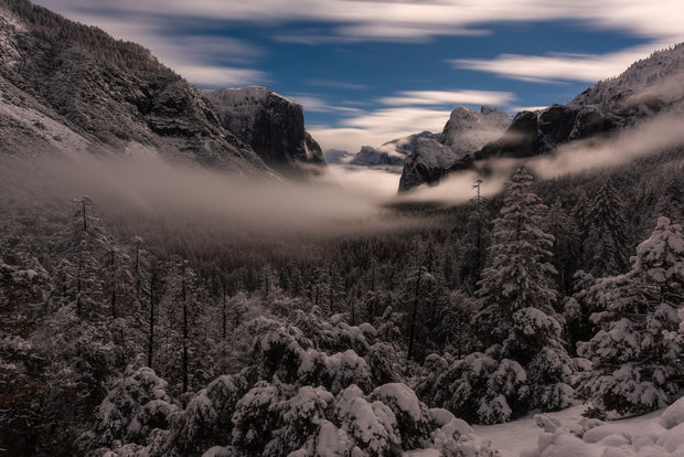Tunnel view Yosemite California moon light snow
